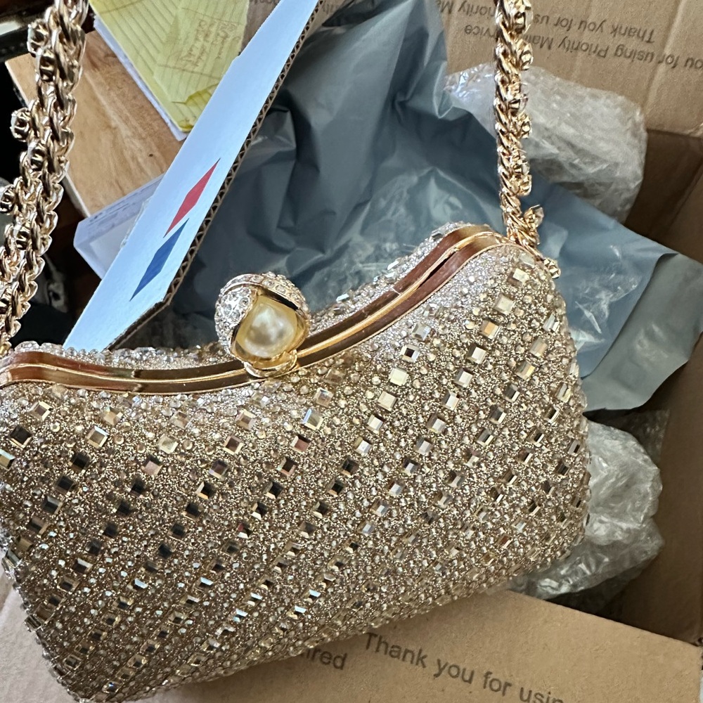 Gold Rhinestone Gem Evening crossbody Clutch NEW - Picture 2 of 9